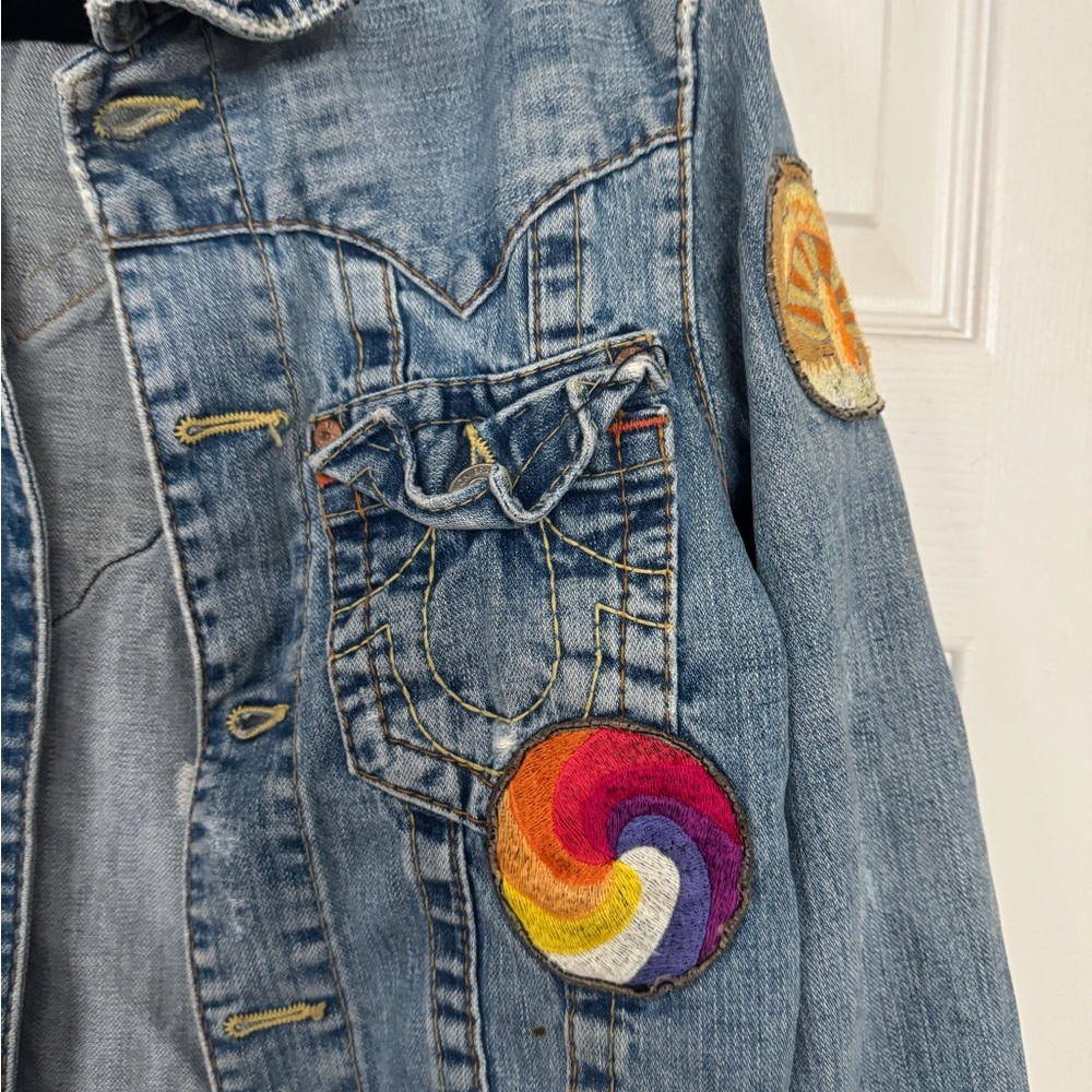 True Religion Blue Denim Jacket with Colorful Patches - Picture 4 of 10